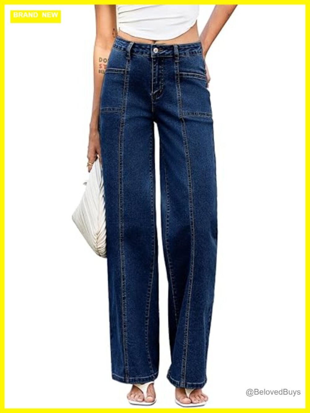 Wide Leg High Waisted Stretchy Denim Jeans with Pockets